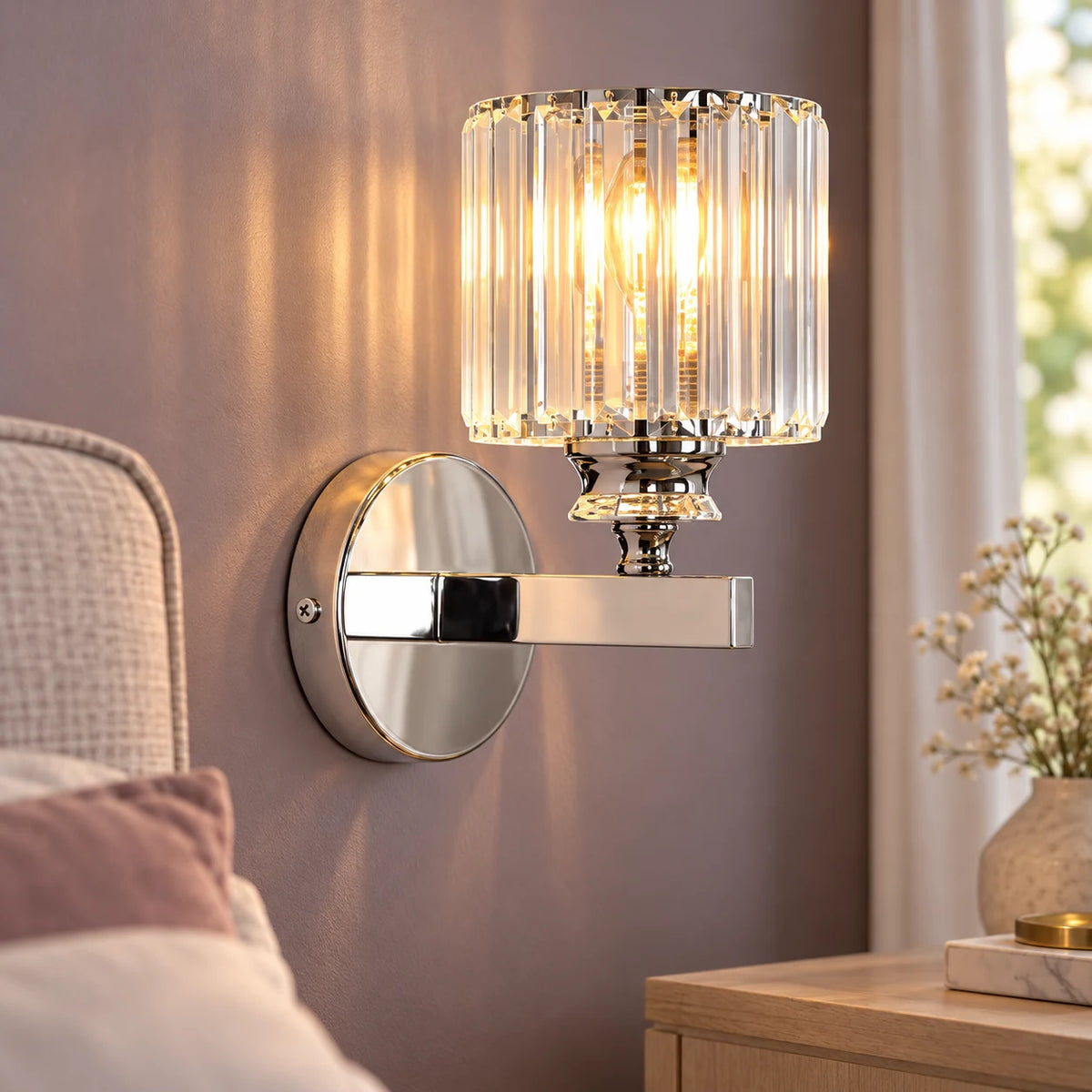 Applique Murale Effet Cristal à Abat-Jour Cylindrique, Douille E27 pour Chambre, Salon et Couloir