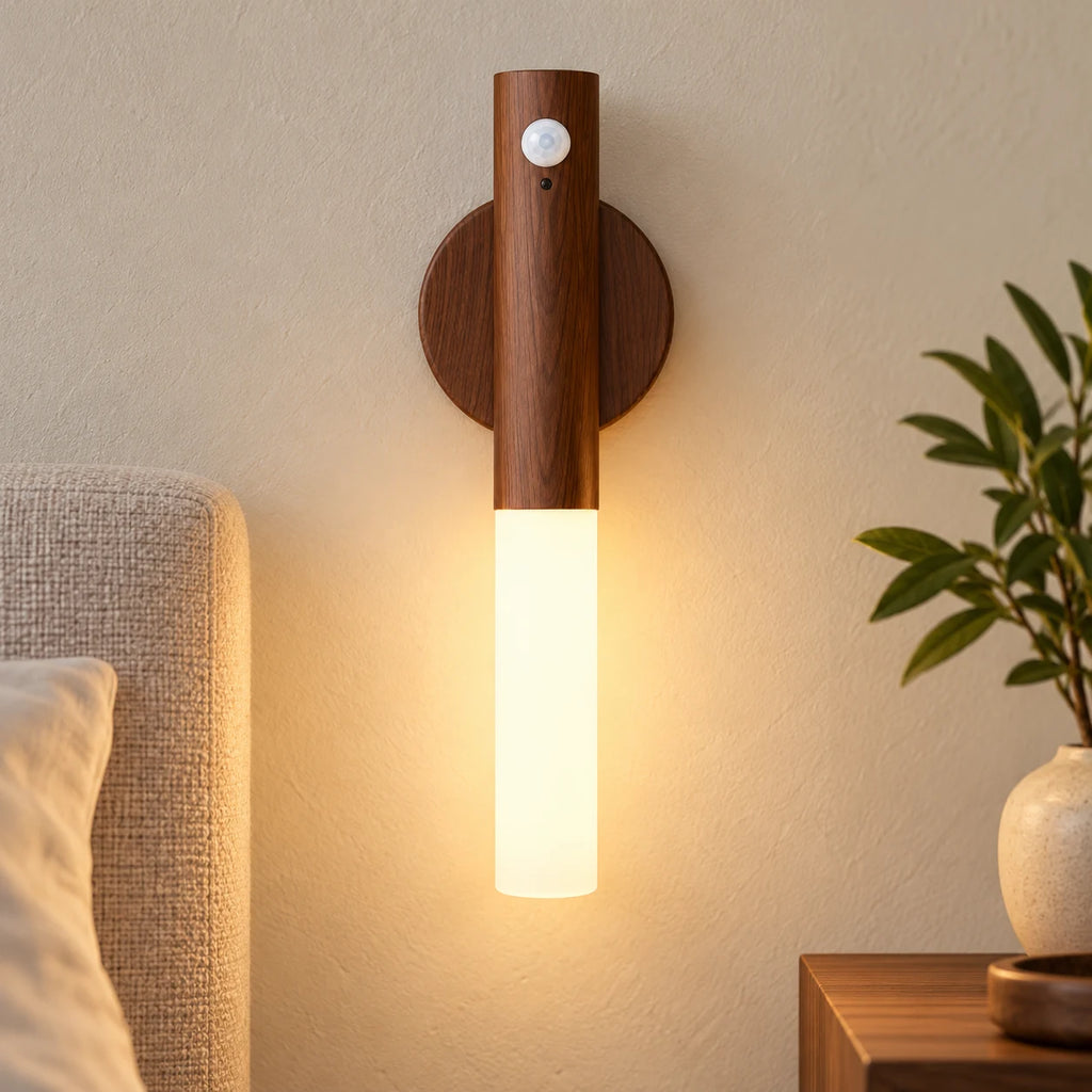 Applique Murale LED Détecteur de Mouvement Sans Fil, Veilleuse Rechargeable USB Amovible, Effet Bois, Couloir Escalier Chambre