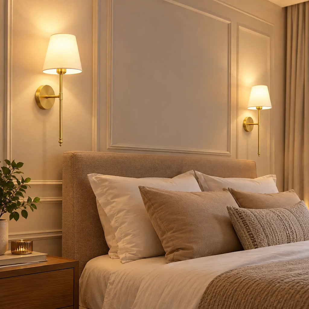 Deux appliques murales dorées avec abat-jour blanc dans une chambre
