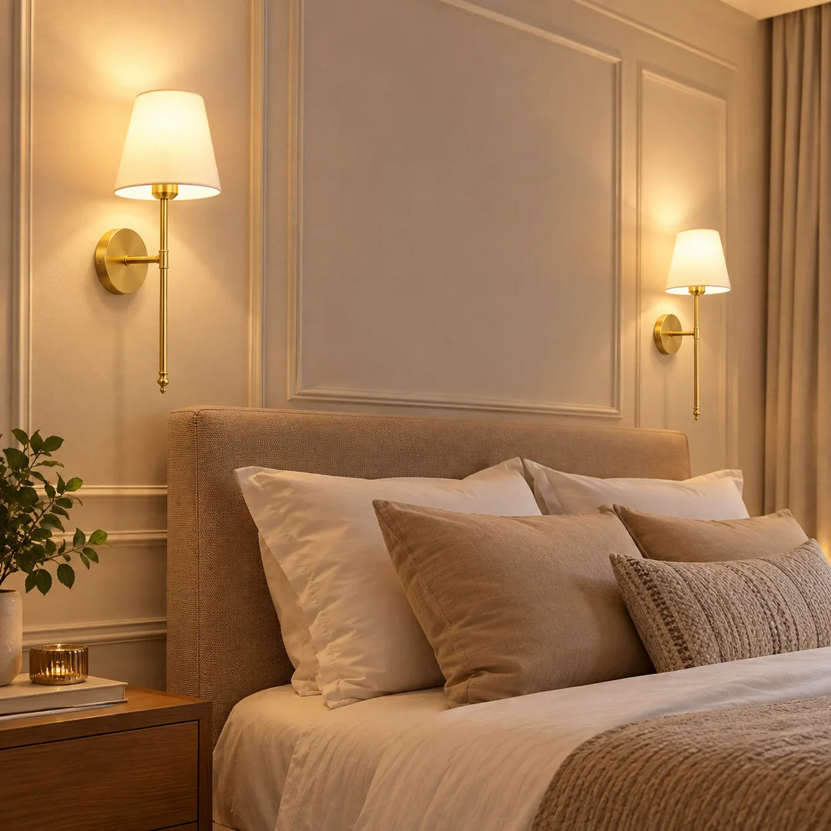 Deux appliques murales dorées avec abat-jour blanc dans une chambre