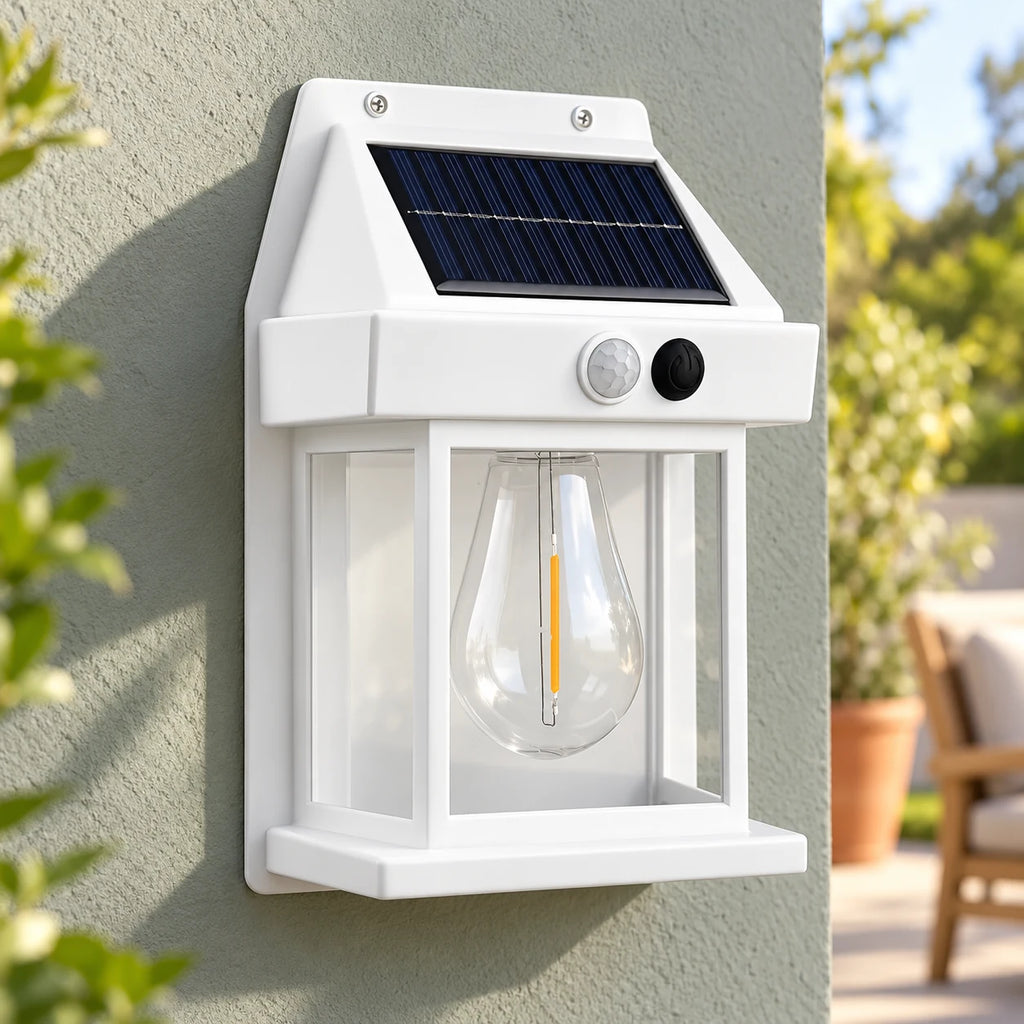 Applique Murale Solaire Extérieure à Détecteur de Mouvement, Lanterne Ampoule Filament Vintage, Étanche IP65, sans Fil pour Façade, Entrée, Jardin