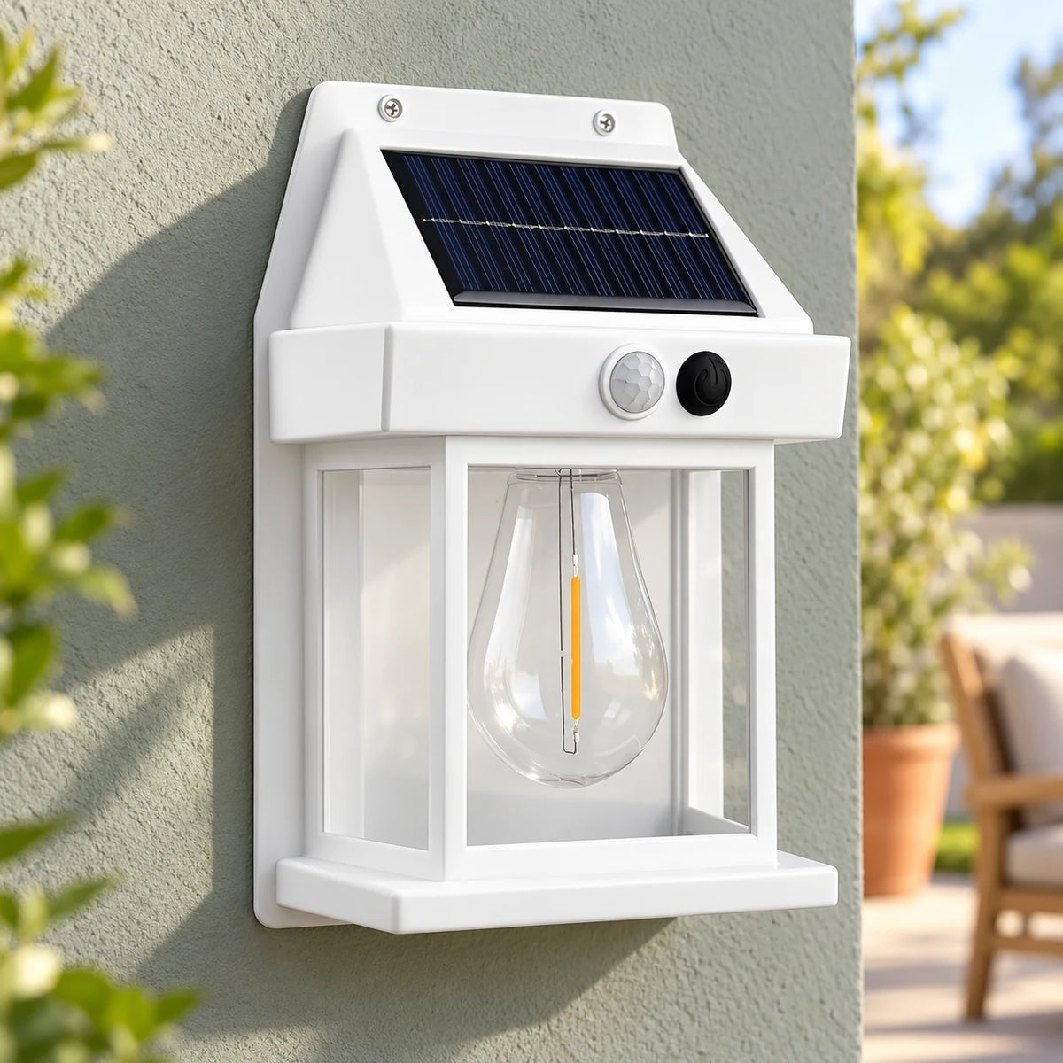 Applique Murale Solaire Extérieure à Détecteur de Mouvement, Lanterne Ampoule Filament Vintage, Étanche IP65, sans Fil pour Façade, Entrée, Jardin