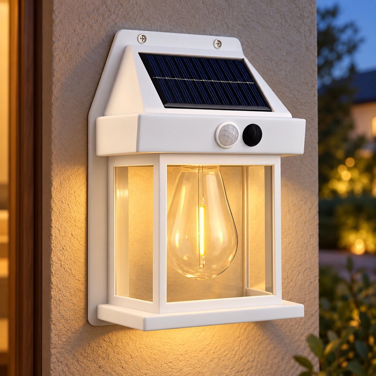 Applique Murale Solaire Extérieure à Détecteur de Mouvement, Lanterne Ampoule Filament Vintage, Étanche IP65, sans Fil pour Façade, Entrée, Jardin