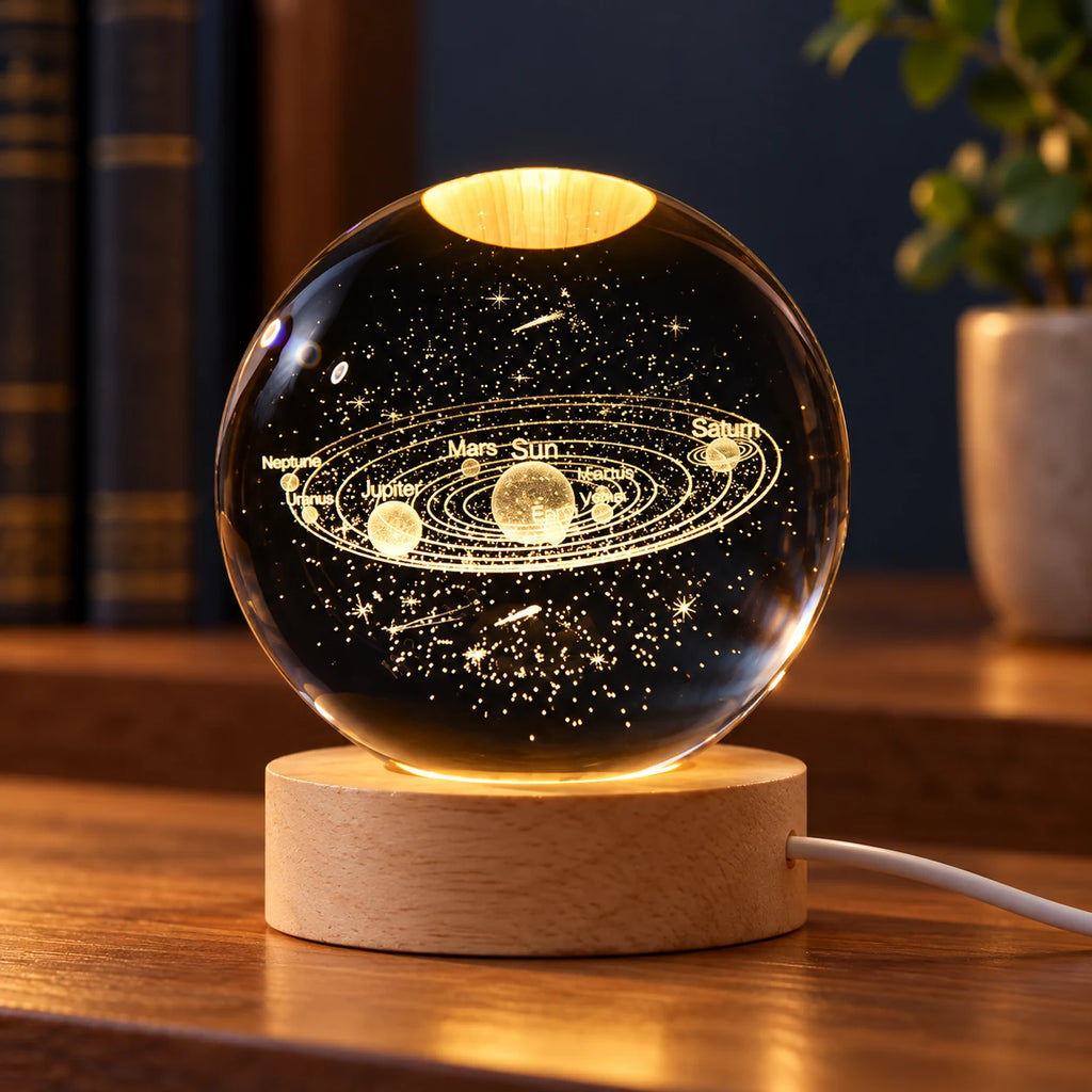 Lampe Boule de Cristal 3D Galaxie et Planètes, Veilleuse LED USB pour Table de Chevet