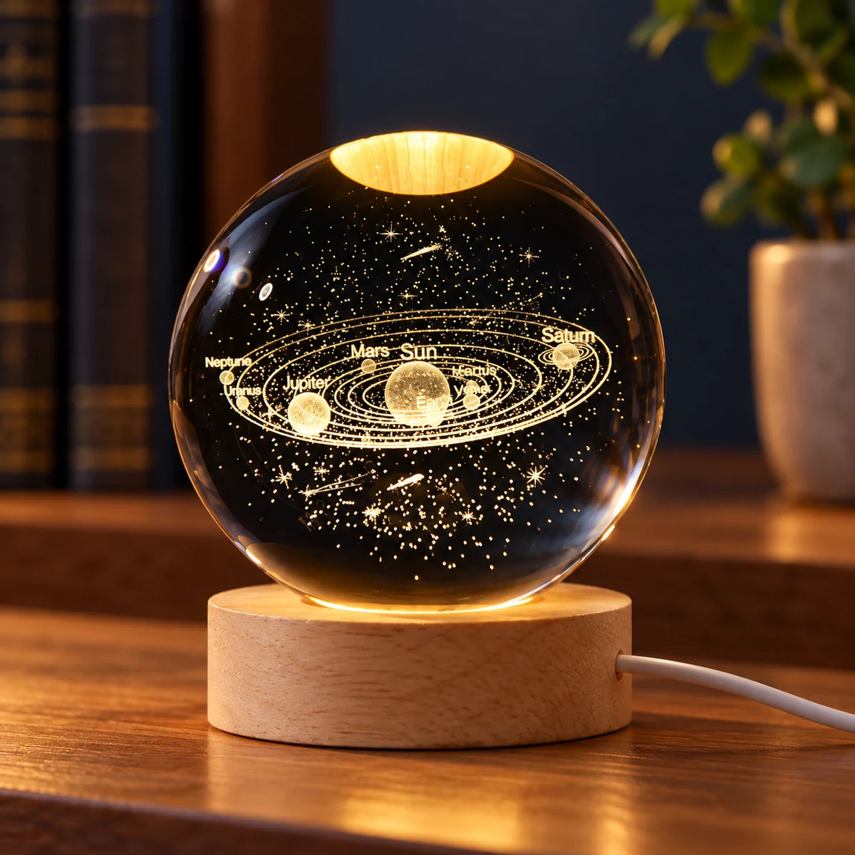 Lampe Boule de Cristal 3D Galaxie et Planètes, Veilleuse LED USB pour Table de Chevet