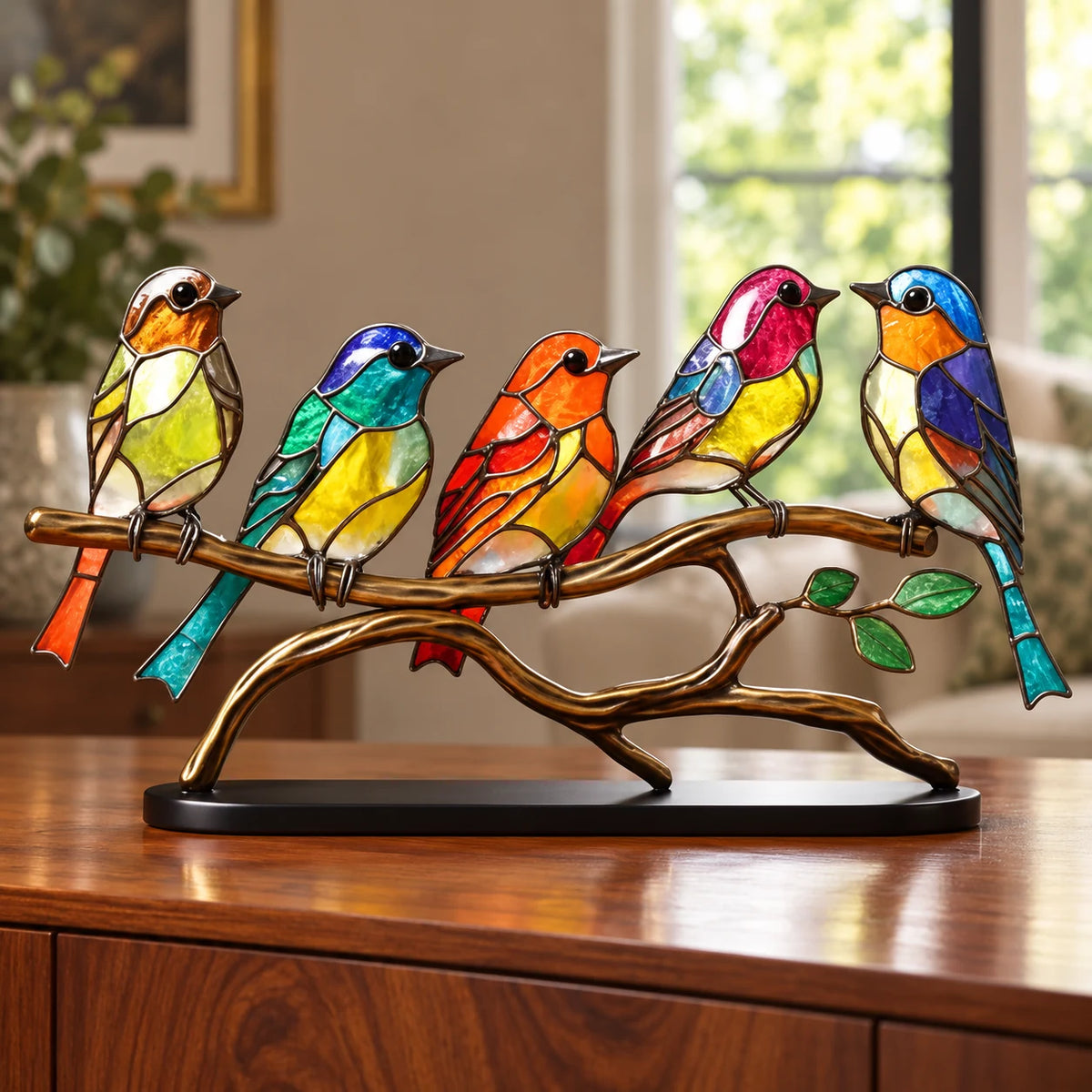 Figurine Oiseaux sur Branche en Acrylique Effet Vitrail, Décoration de Table Colorée
