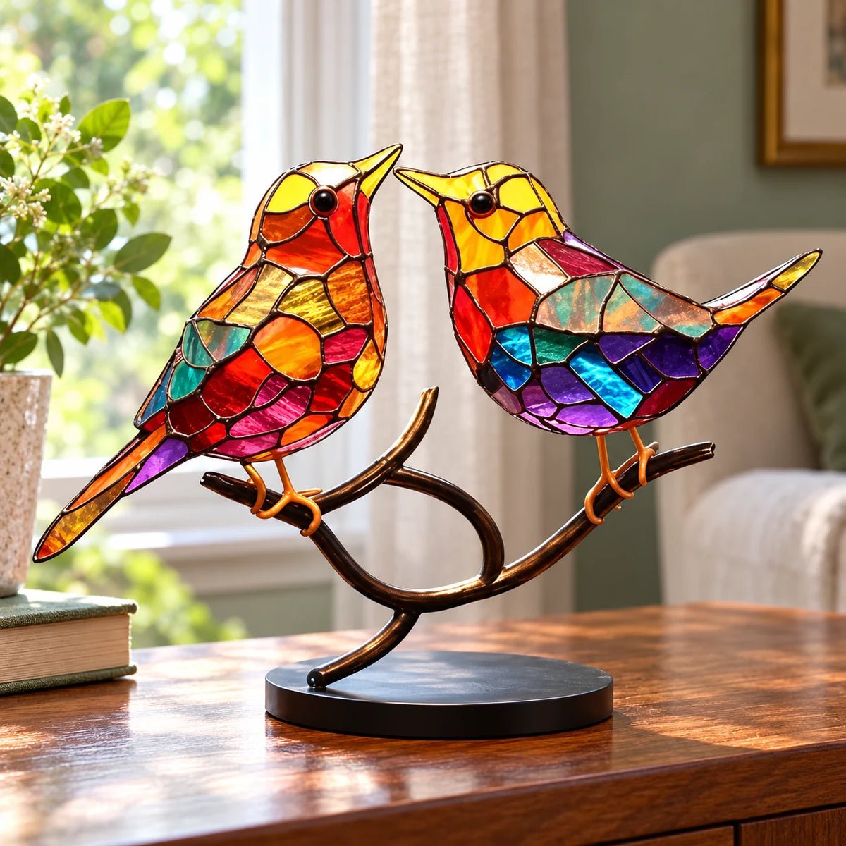 Figurine Oiseaux sur Branche en Acrylique Effet Vitrail, Décoration de Table Colorée