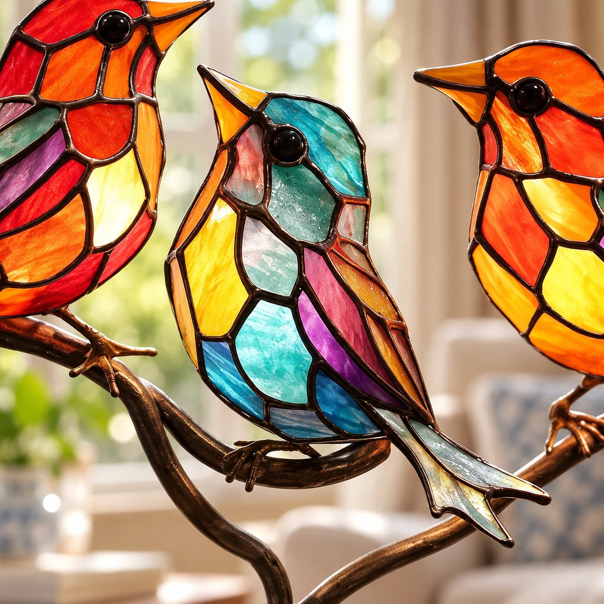 Figurine Oiseaux sur Branche en Acrylique Effet Vitrail, Décoration de Table Colorée