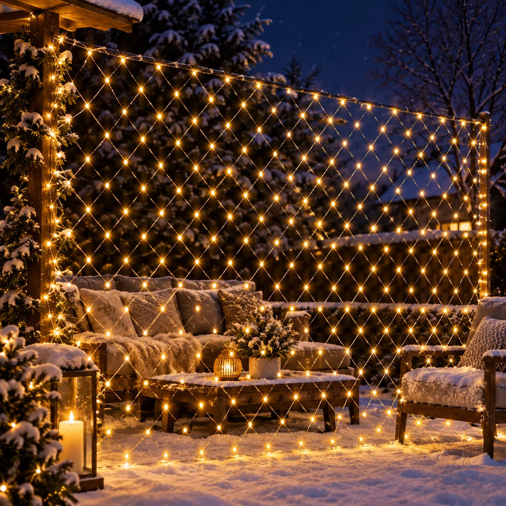 Filet lumineux installé sur une terrasse enneigée, lumière chaude