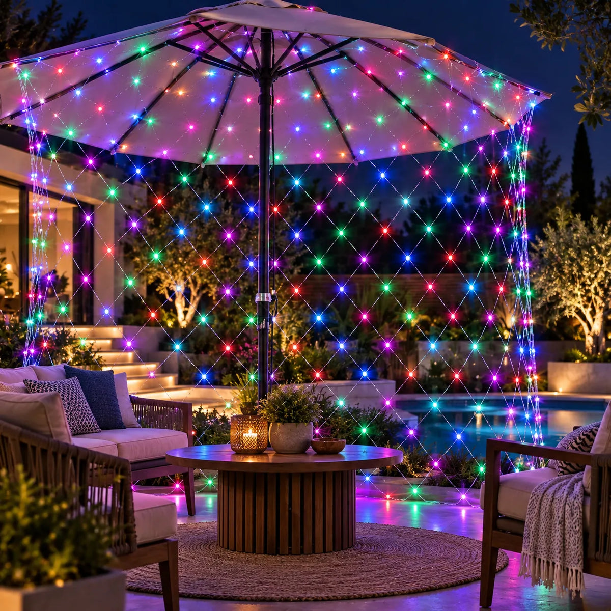Filet lumineux multicolore installé sous un parasol de terrasse