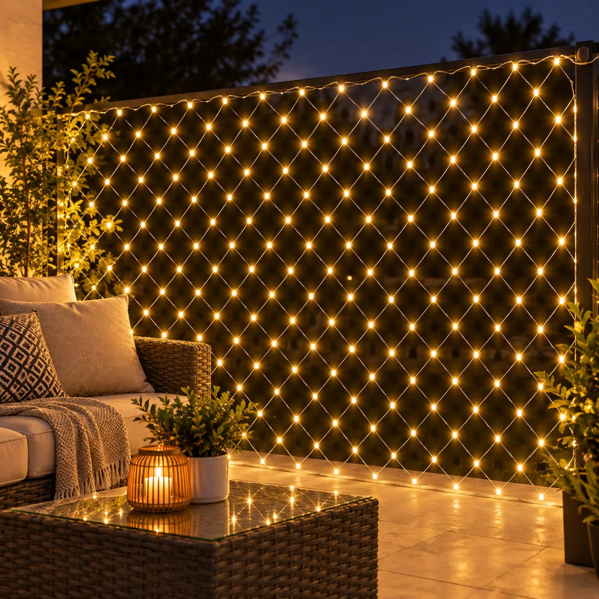 Filet lumineux blanc chaud décorant un coin salon extérieur