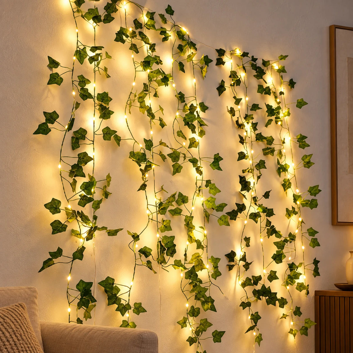 Guirlande Lumineuse Feuilles Vertes à Piles, Guirlande LED Feuillage Sans Prise Blanc Chaud, Décoration Chambre, Salon et Mariage