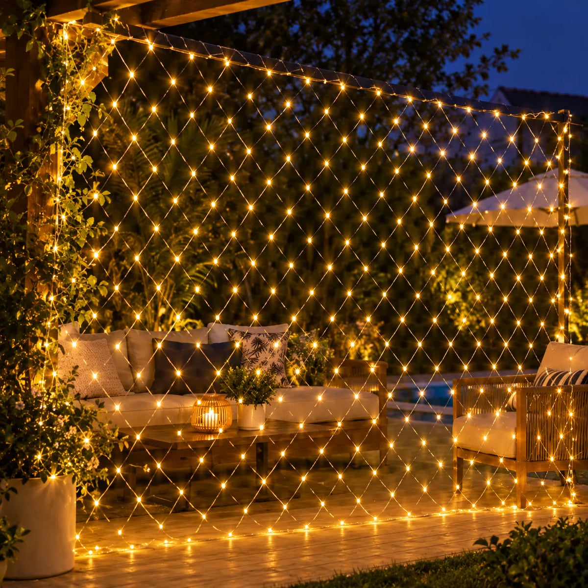 Filet lumineux doré décorant une pergola de jardin le soir