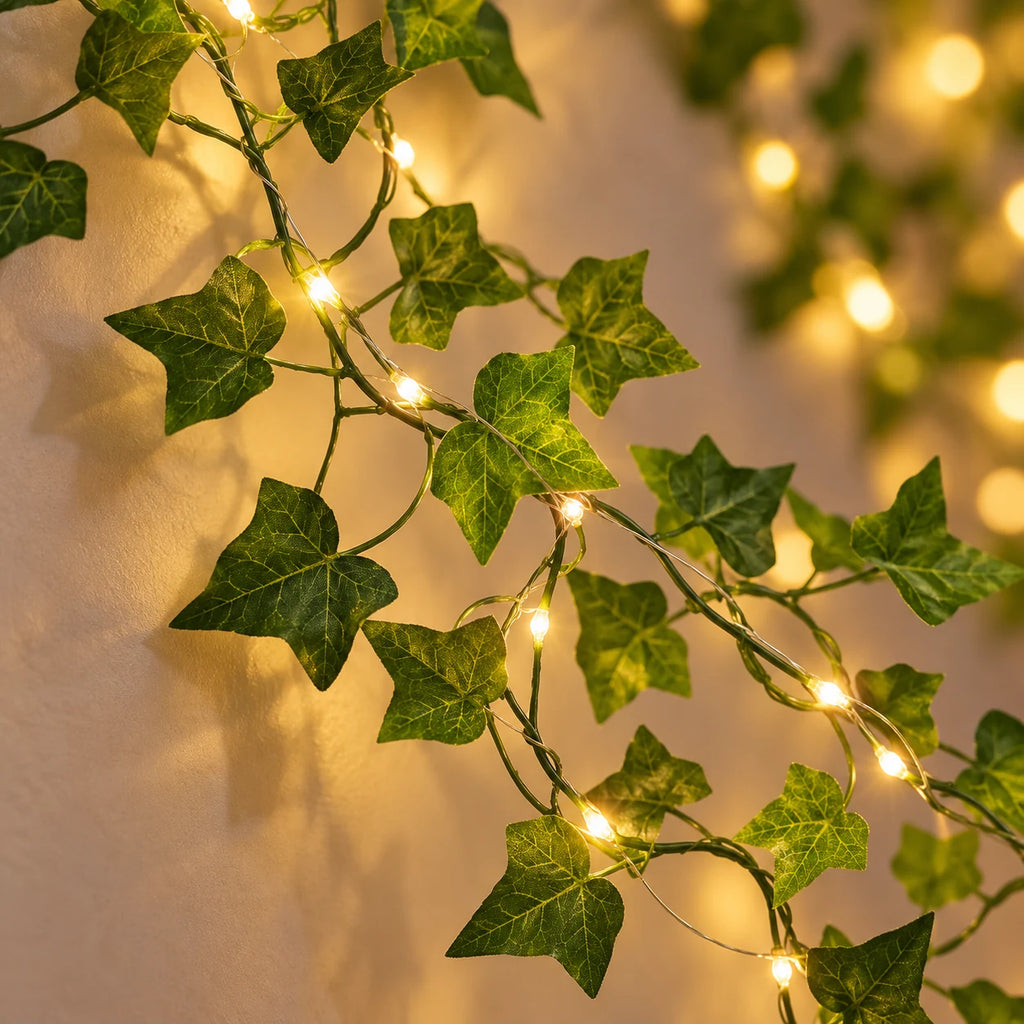 Guirlande Lumineuse Feuilles Vertes à Piles, Guirlande LED Feuillage Sans Prise Blanc Chaud, Décoration Chambre, Salon et Mariage