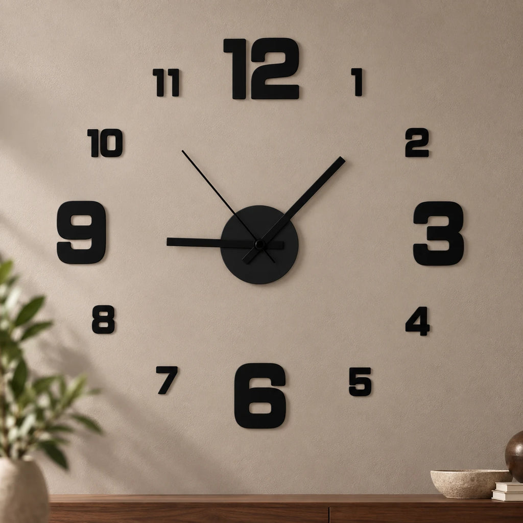 Horloge Murale 3D DIY Sans Cadre, Chiffres Adhésifs, Mouvement Silencieux, Taille Ajustable pour Salon et Bureau