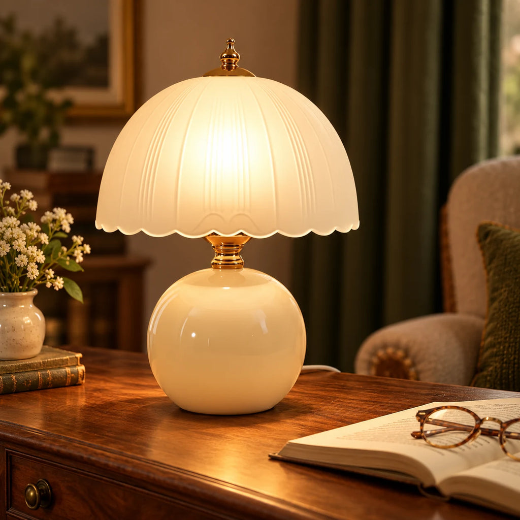 Lampe de Chevet en Céramique avec Abat-Jour en Verre Dôme et Lumière LED Chaude