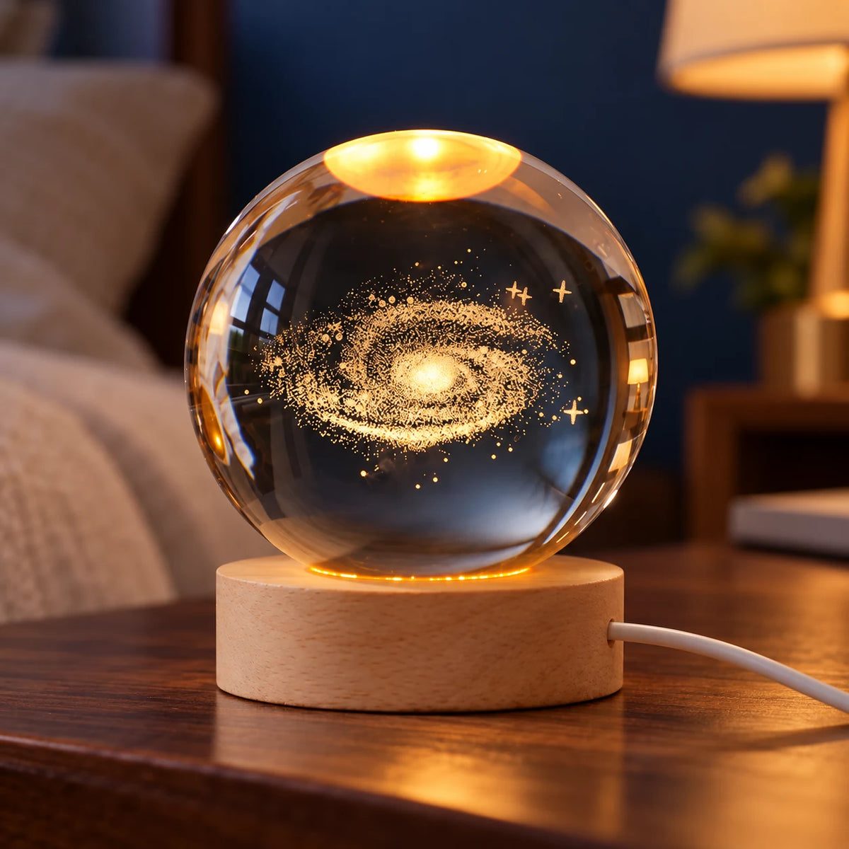 Lampe Boule de Cristal 3D Galaxie et Planètes, Veilleuse LED USB pour Table de Chevet
