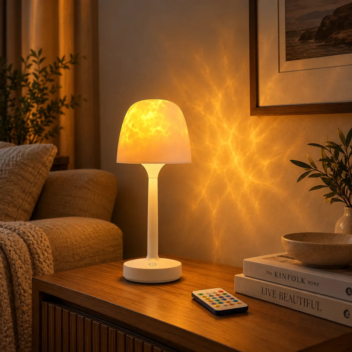 Lampe champignon avec effet flamme, télécommande incluse, ambiance salon