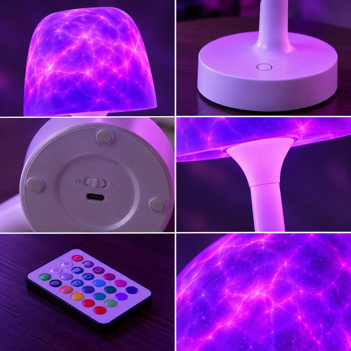 Détails de la lampe champignon avec effet aurore boréale et télécommande