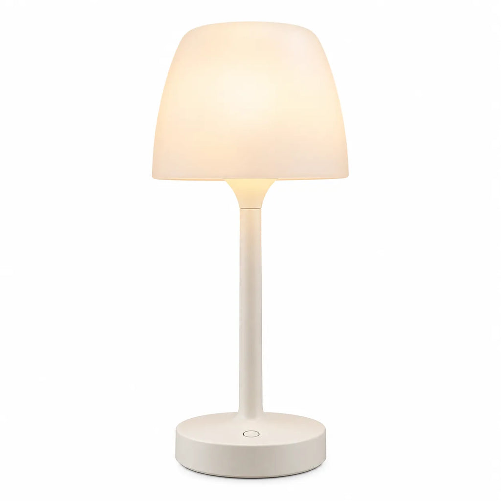 Lampe champignon blanche allumée, design minimaliste