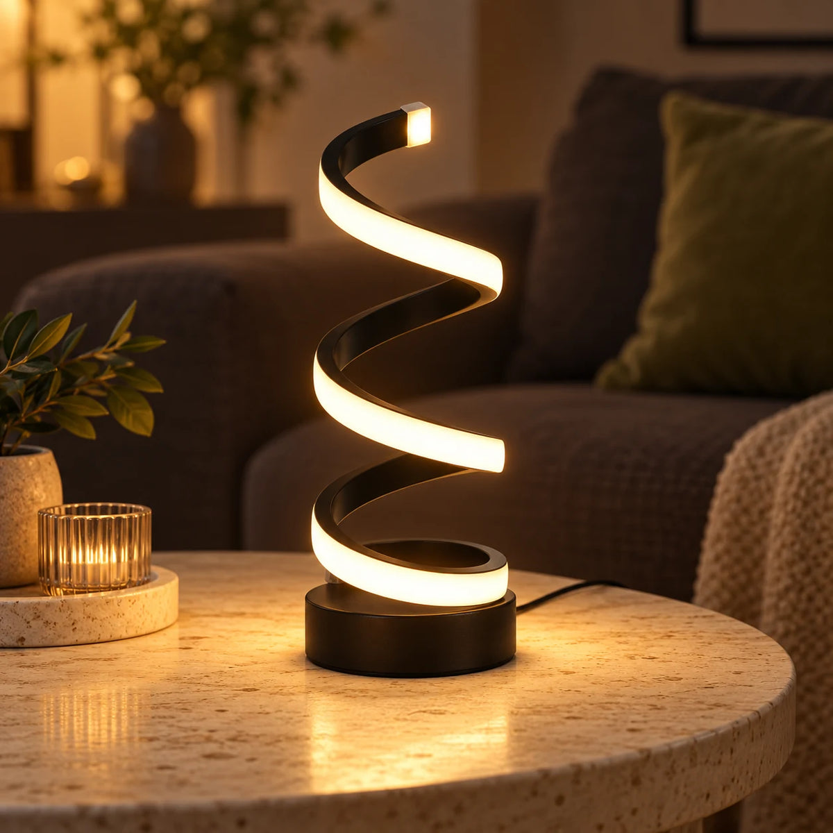 Lampe Spirale LED Noire, Lampe à Poser Design Moderne, 3 Teintes de Lumière, USB, Lampe de Bureau, Chevet et Salon