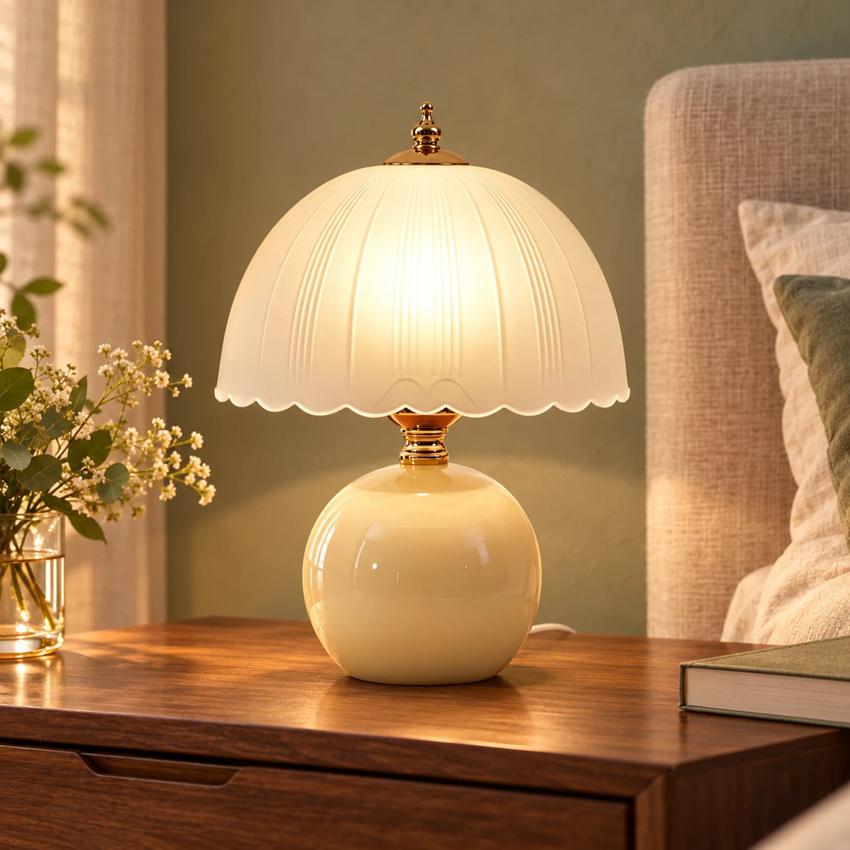 Lampe de Chevet en Céramique avec Abat-Jour en Verre Dôme et Lumière LED Chaude