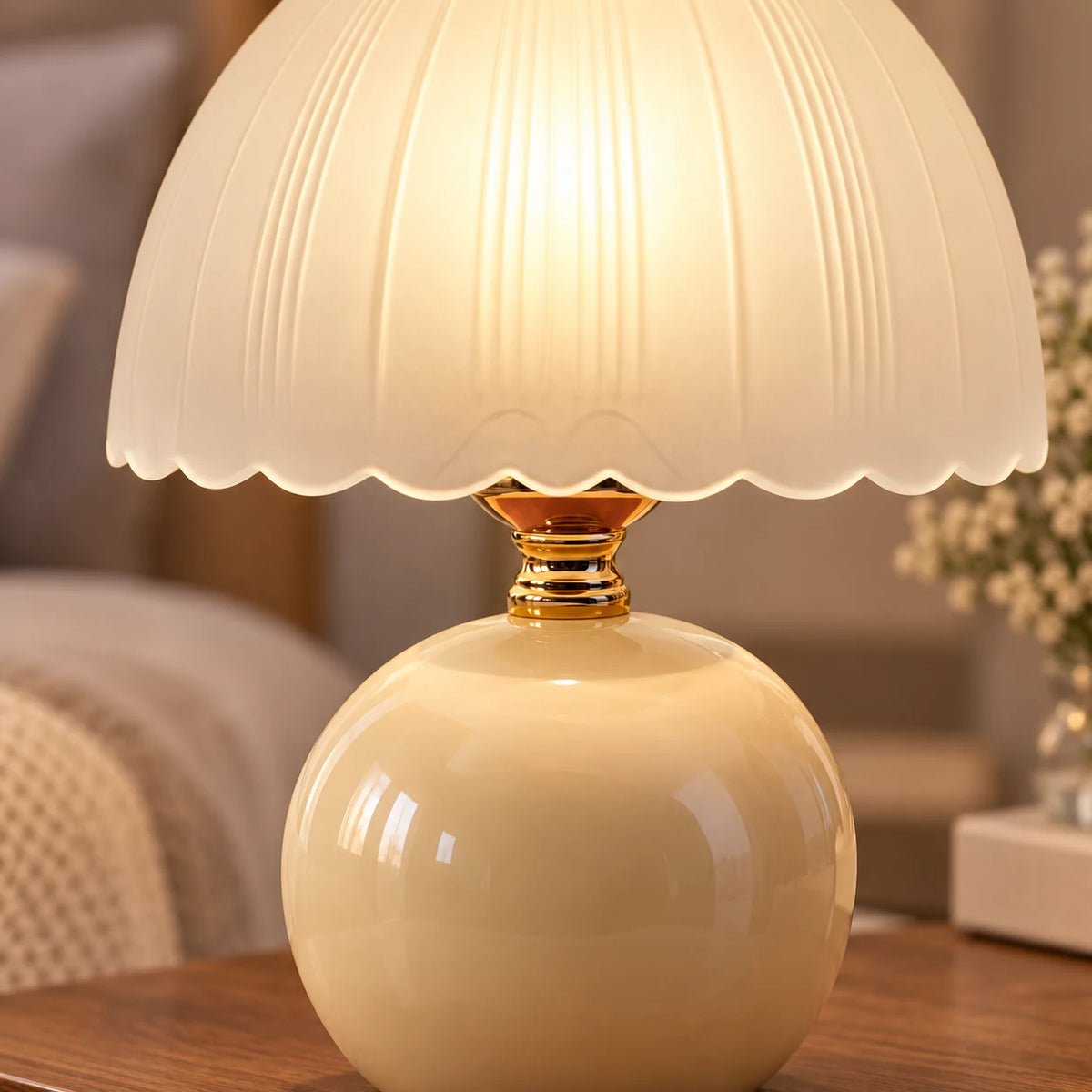 Lampe de Chevet en Céramique avec Abat-Jour en Verre Dôme et Lumière LED Chaude