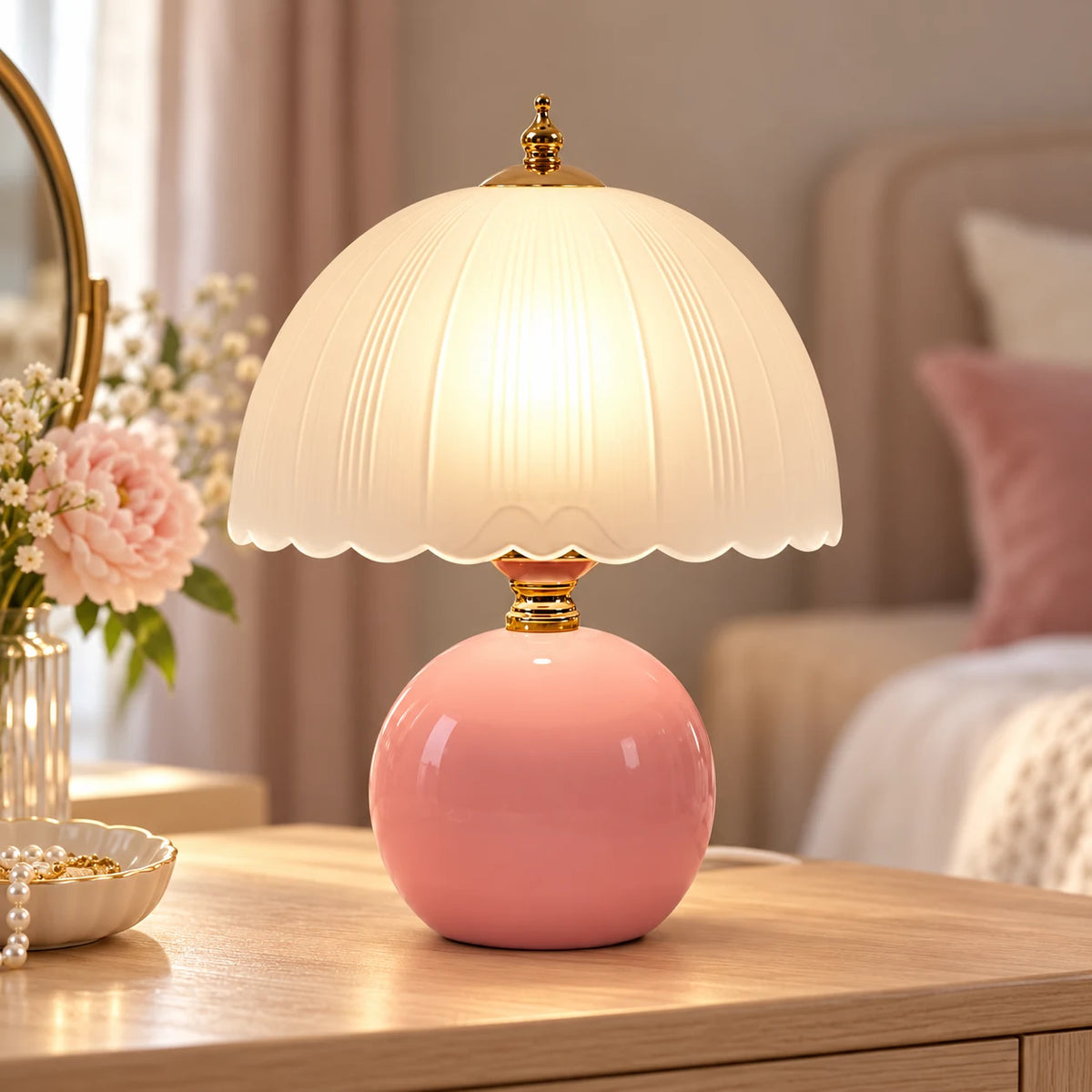 Lampe de Chevet en Céramique avec Abat-Jour en Verre Dôme et Lumière LED Chaude