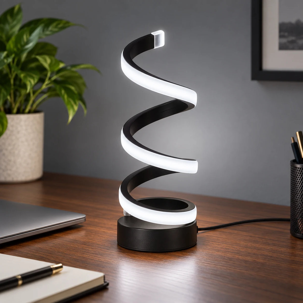 Lampe Spirale LED Noire, Lampe à Poser Design Moderne, 3 Teintes de Lumière, USB, Lampe de Bureau, Chevet et Salon