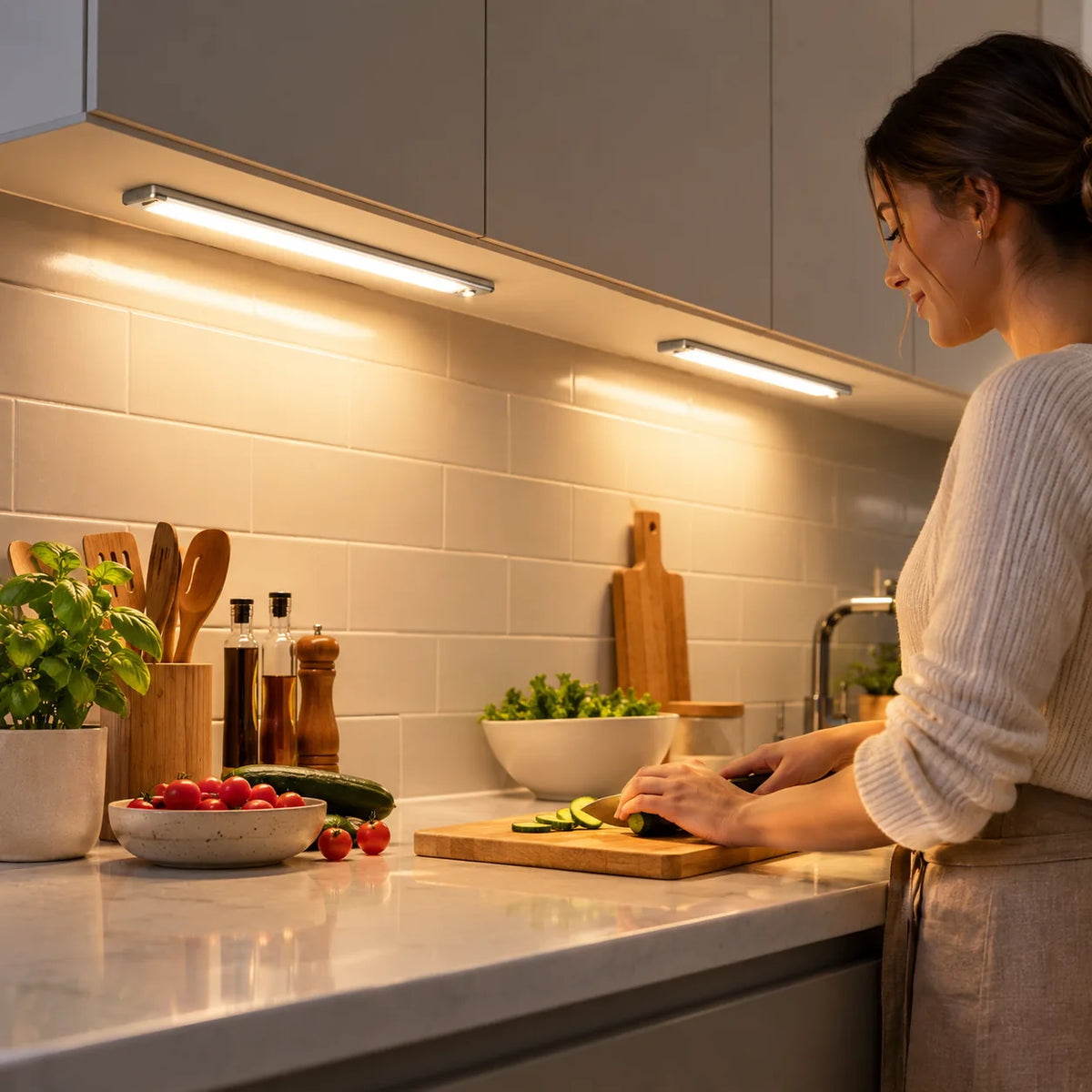 Réglettes LED installées sous des meubles de cuisine