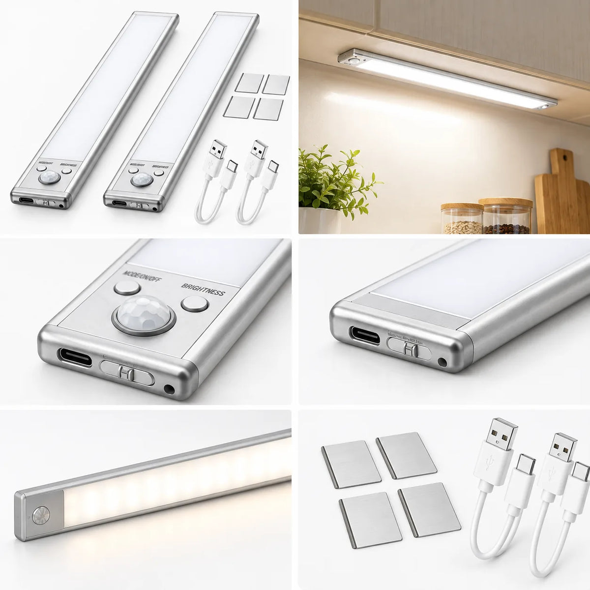 Réglette LED avec détecteur de mouvement, port USB-C et accessoires