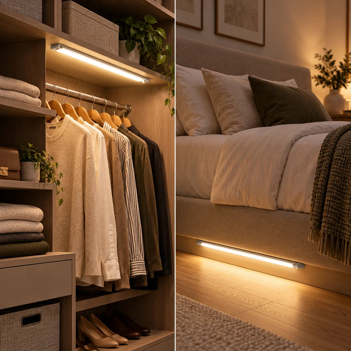 Réglette LED installée dans un dressing et sous un lit