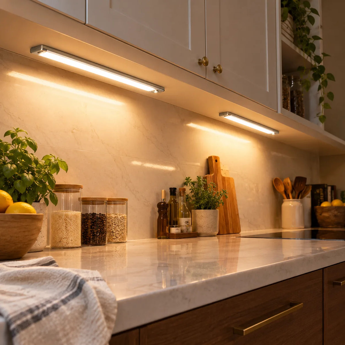 Réglettes LED éclairant un plan de travail de cuisine