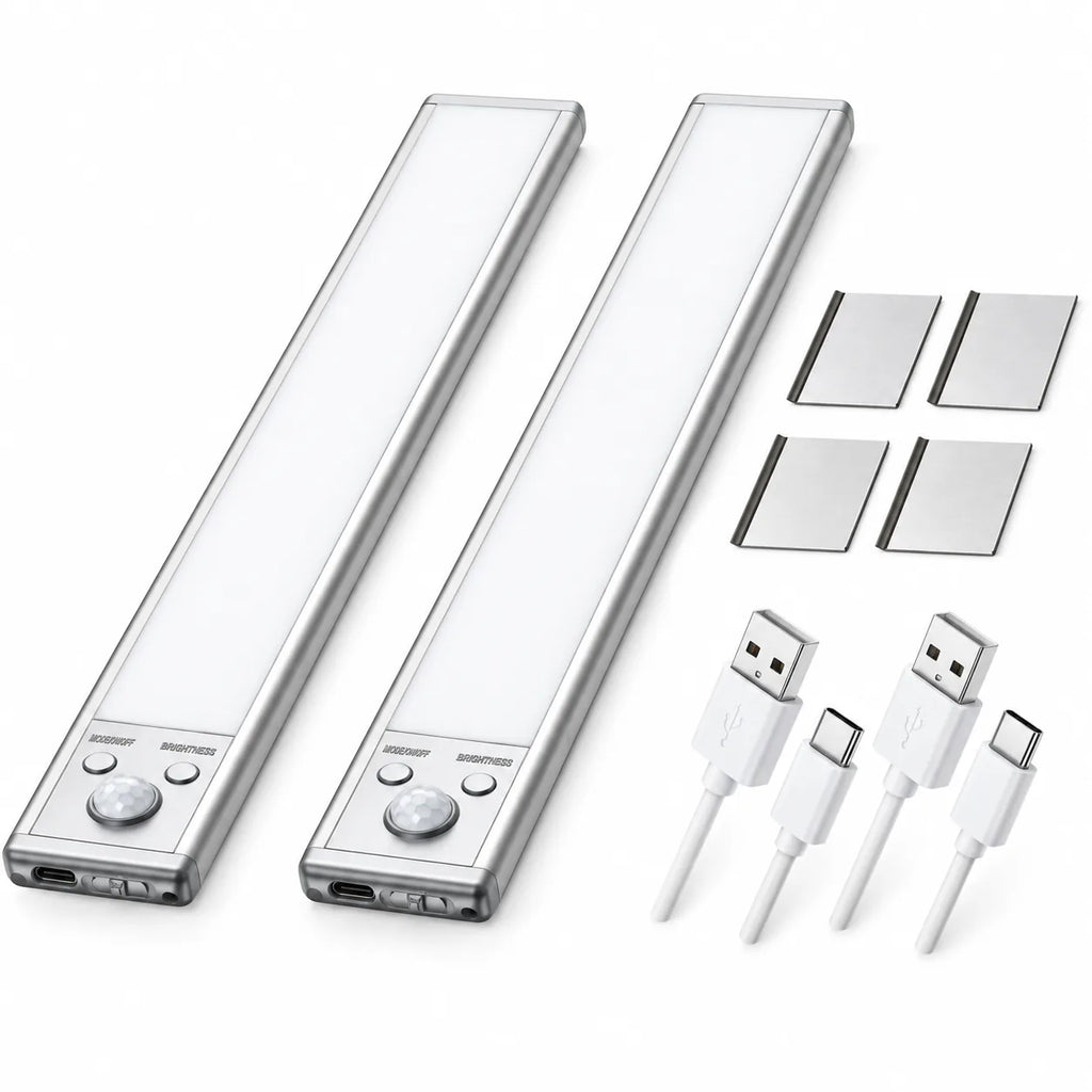 Lot de deux réglettes LED argentées avec câbles et supports