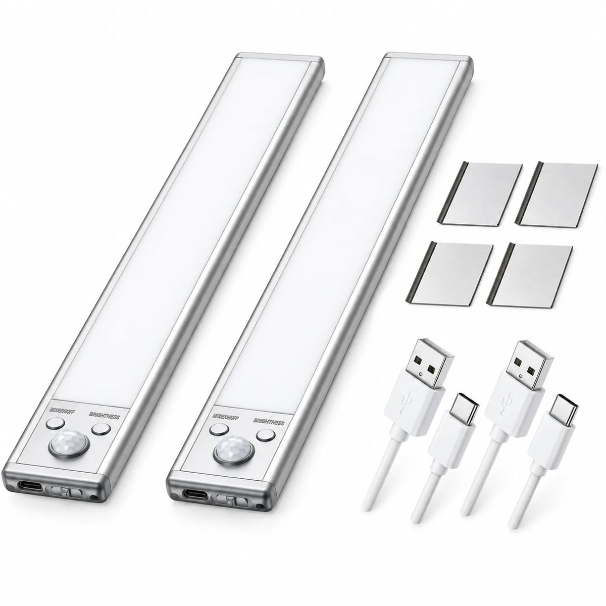 Lot de deux réglettes LED argentées avec câbles et supports