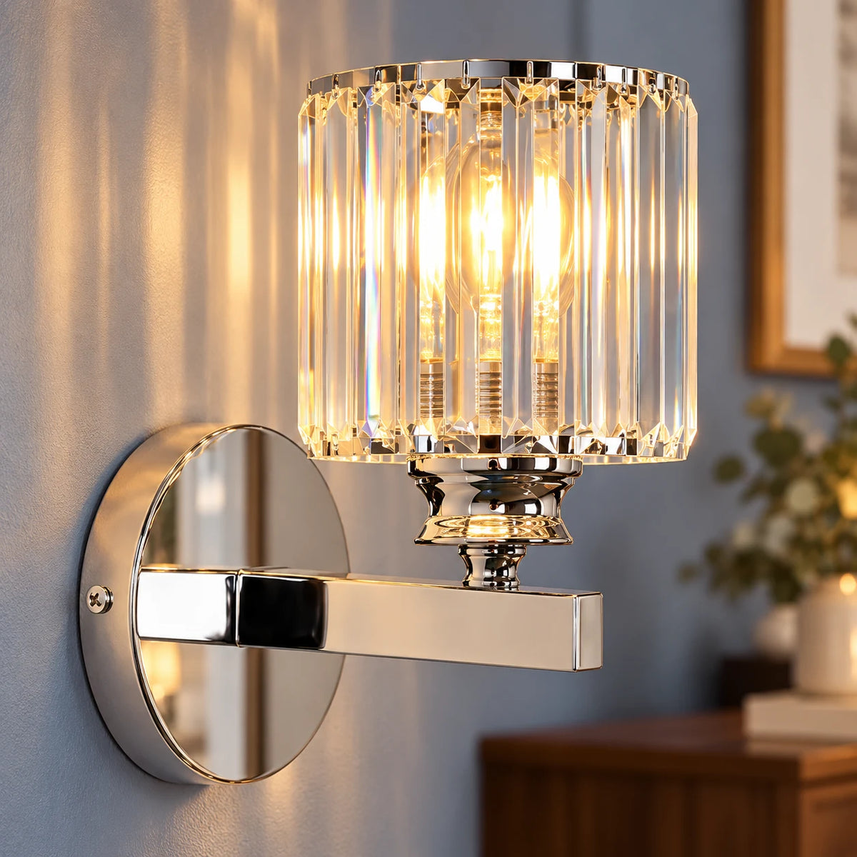 Applique Murale Effet Cristal à Abat-Jour Cylindrique, Douille E27 pour Chambre, Salon et Couloir