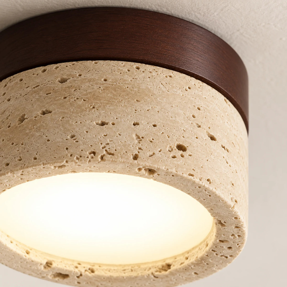 Plafonnier en Pierre Travertin et Bois Finition Noyer – Lampe de Plafond Ronde Wabi Sabi, Lumière Chaude – Couloir, Entrée, Chambre
