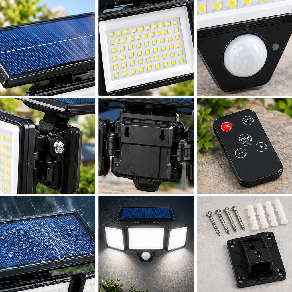 Détails du projecteur solaire : panneau, LED, capteur et accessoires