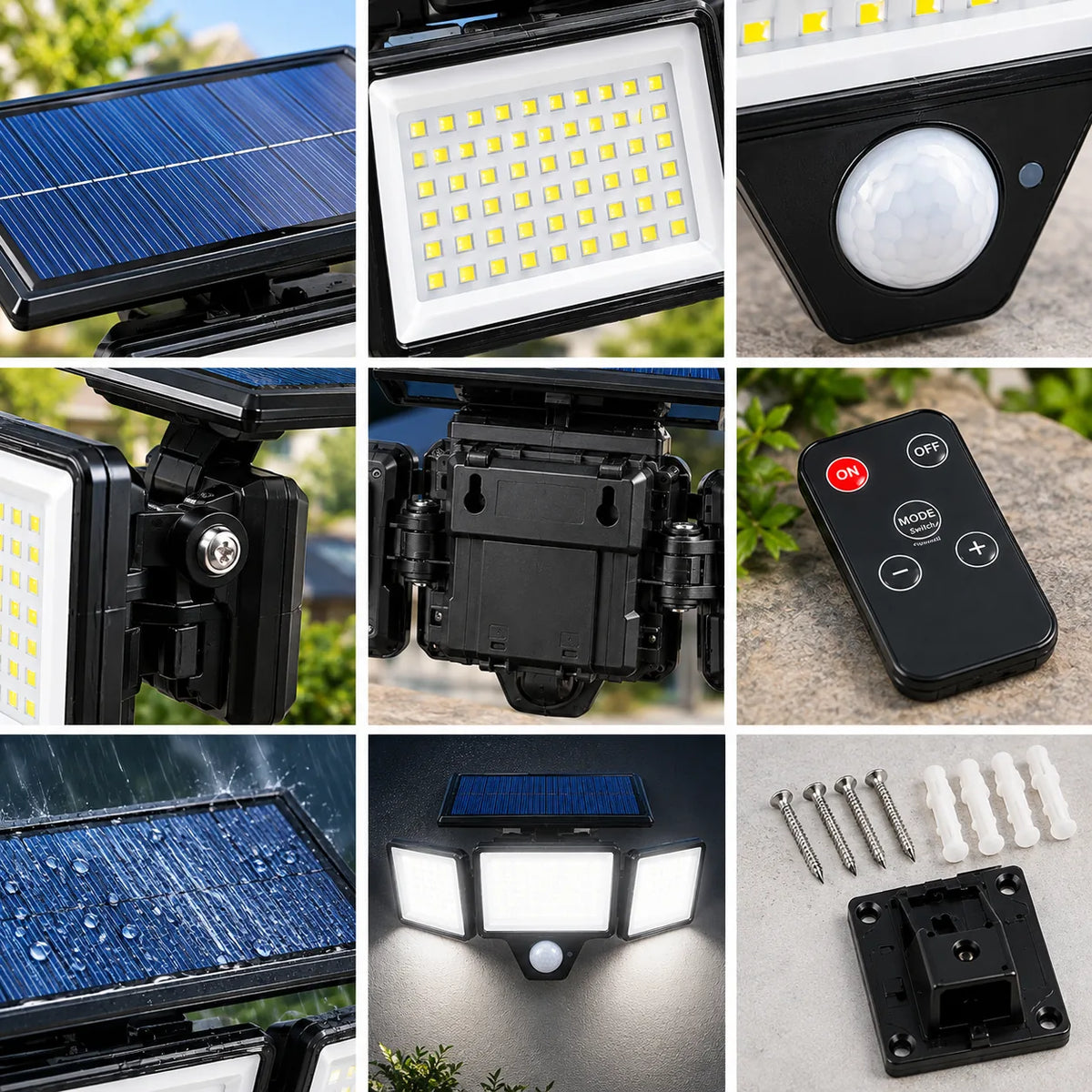 Détails du projecteur solaire : panneau, LED, capteur et accessoires