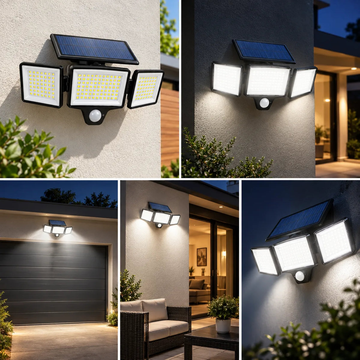 Projecteur solaire à trois têtes installé sur différentes façades extérieures