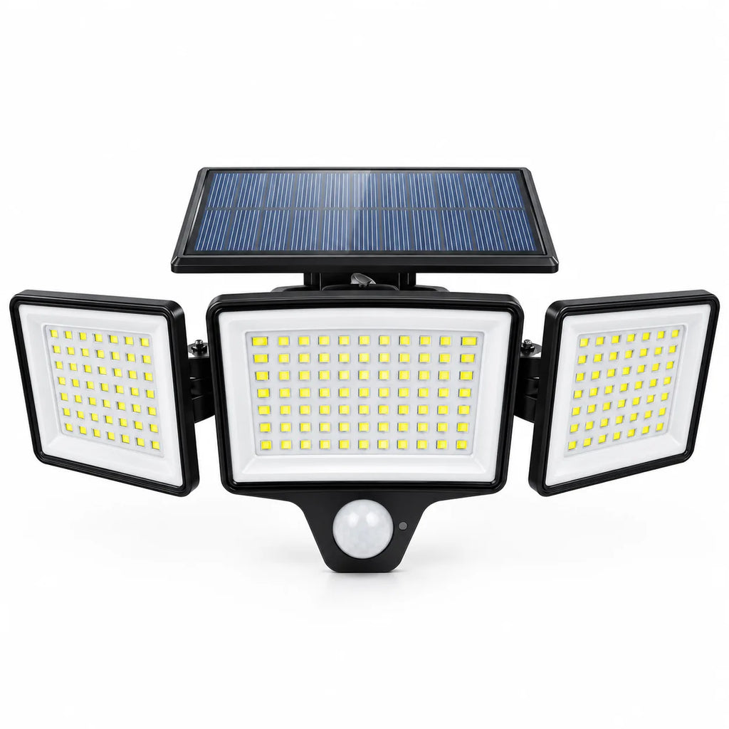 Projecteur solaire à trois têtes avec panneau solaire et détecteur de mouvement