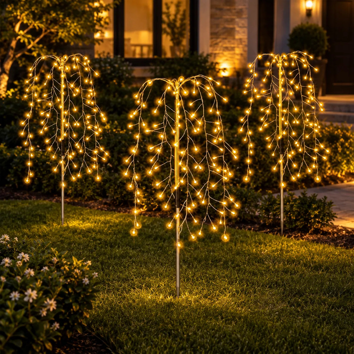 Trois lampes solaires décoratives allumées dans un jardin le soir