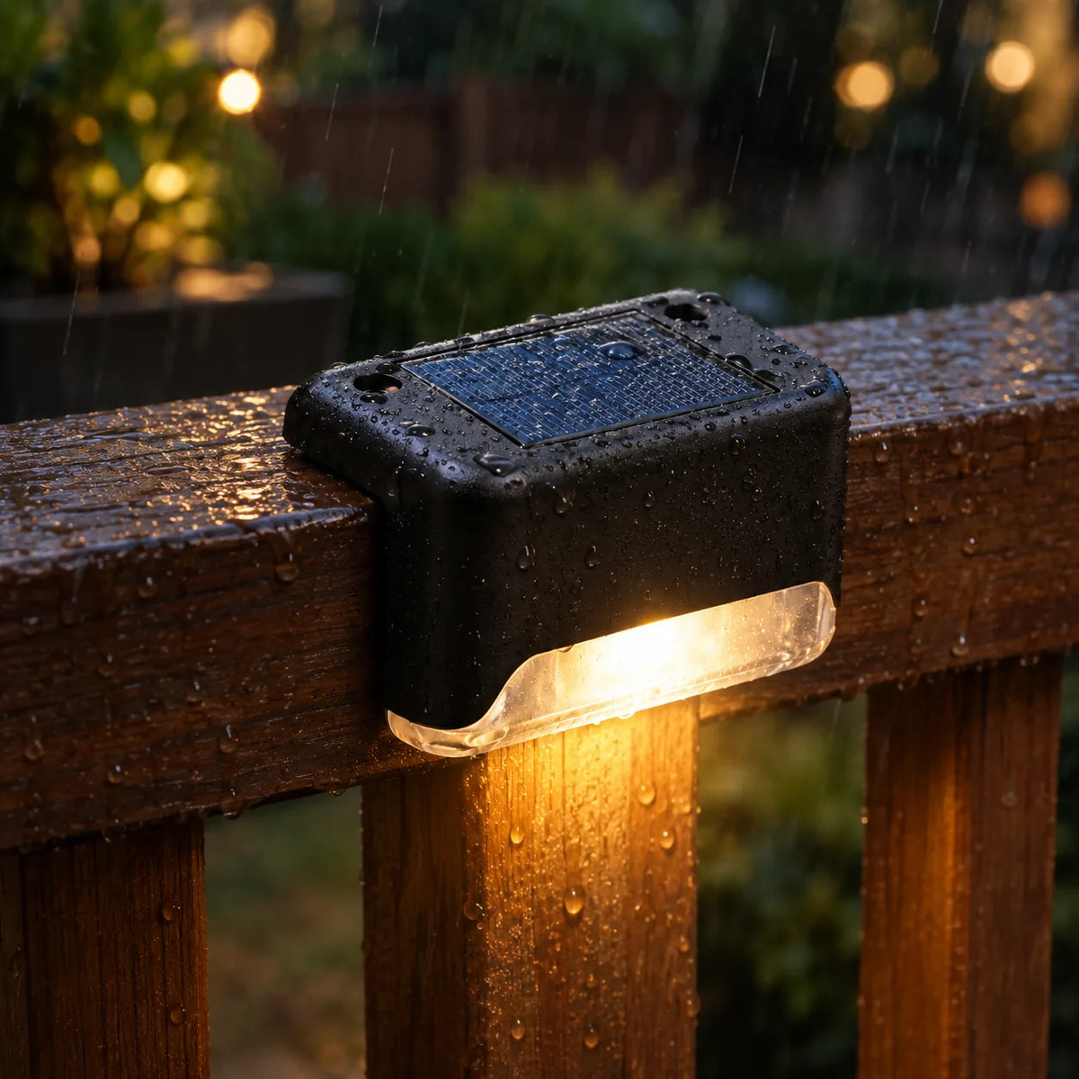 Lampe solaire fixée sur une balustrade en bois sous la pluie
