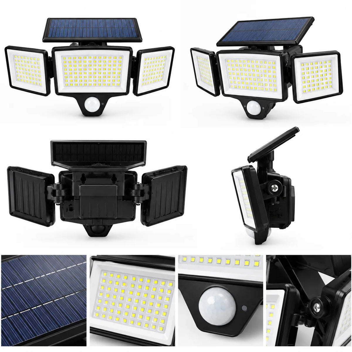 Projecteur solaire à trois têtes orientables, vues de face, arrière et de côté