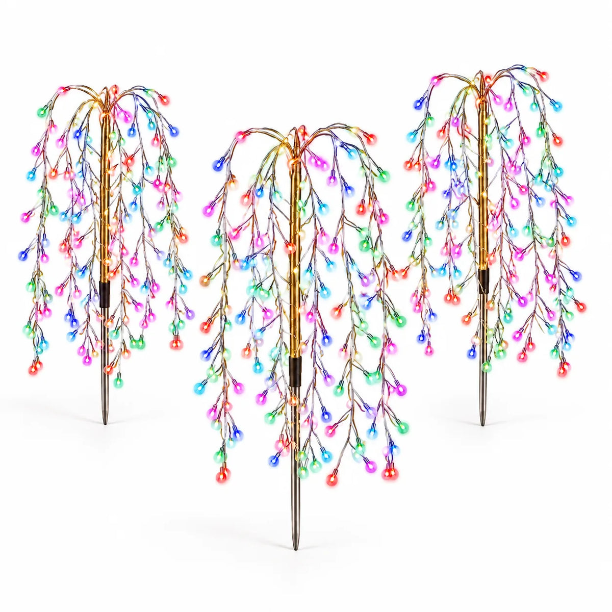 Trois lampes solaires en forme de saule avec lumières multicolores