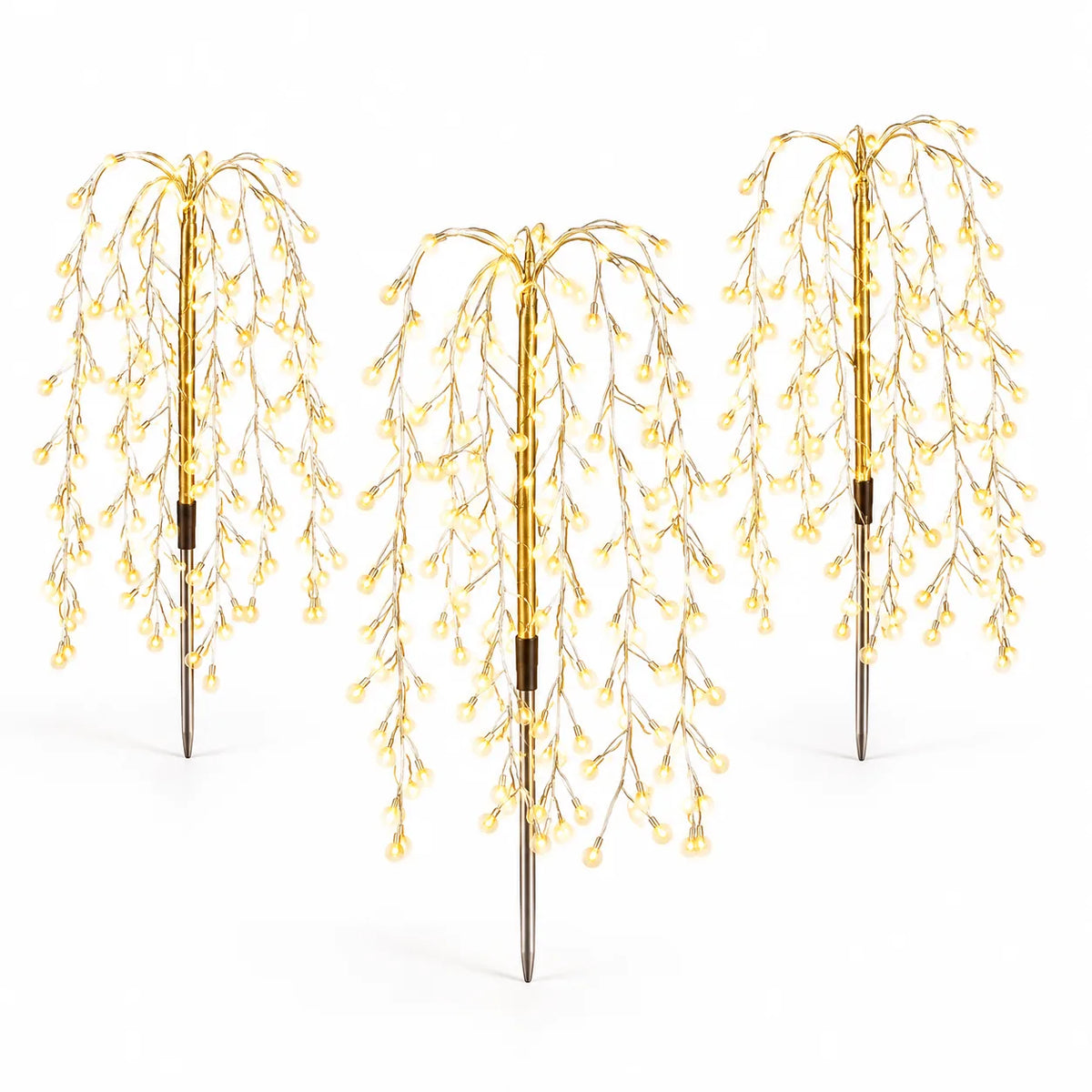 Trois lampes solaires en forme de saule pleureur, lumière chaude