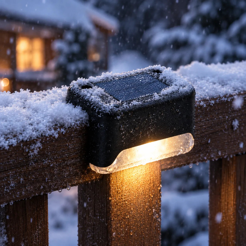 Lampe solaire fixée sur une balustrade enneigée le soir