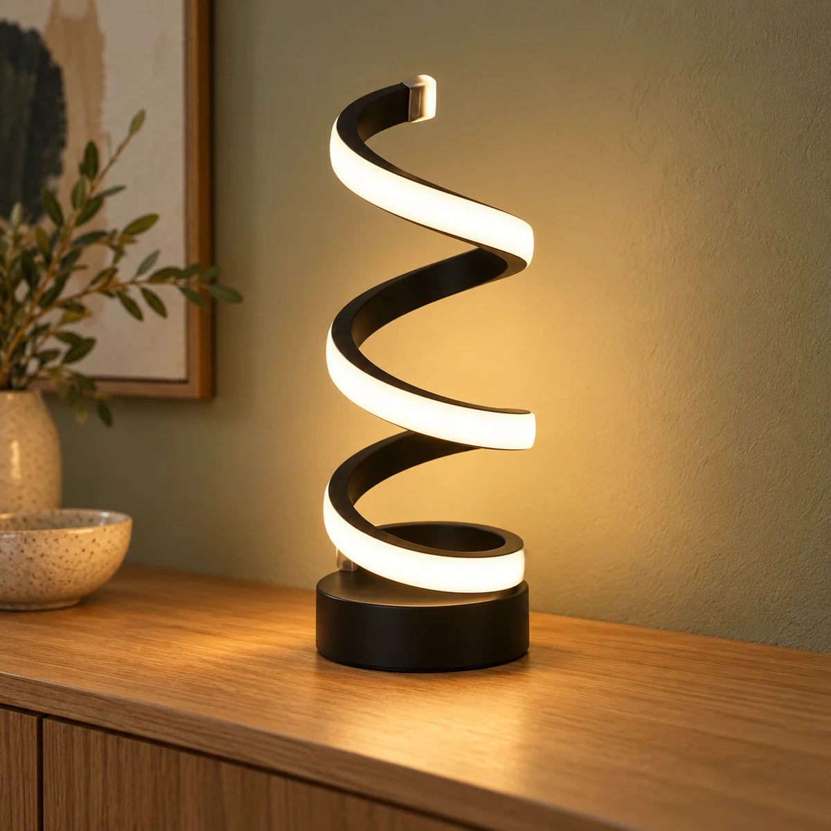 Lampe Spirale LED Noire, Lampe à Poser Design Moderne, 3 Teintes de Lumière, USB, Lampe de Bureau, Chevet et Salon