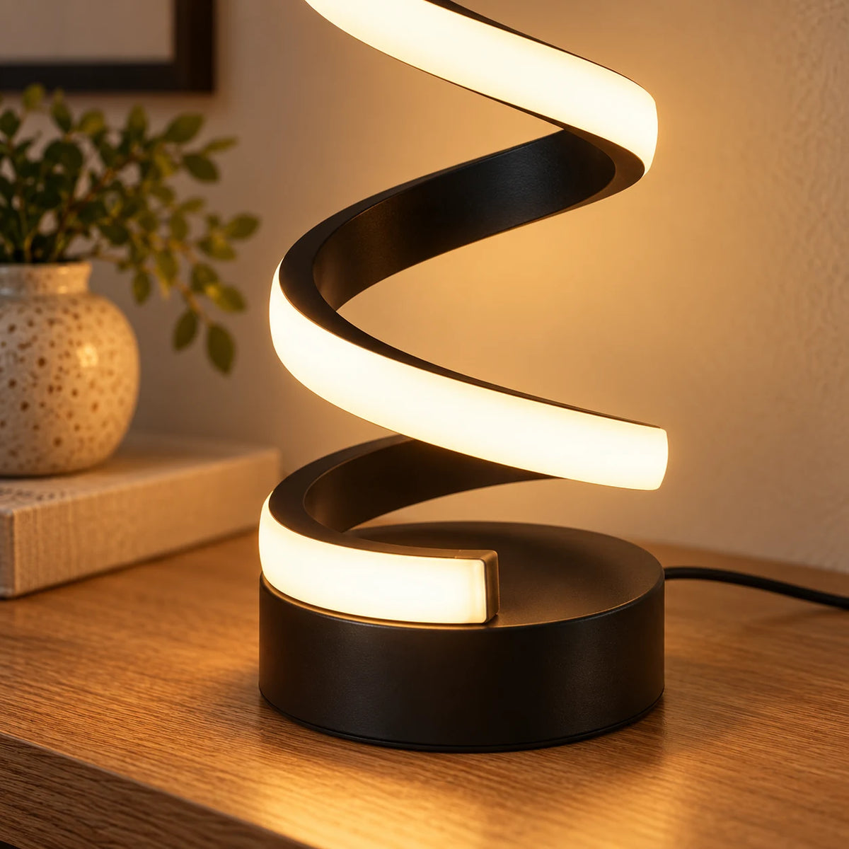 Lampe Spirale LED Noire, Lampe à Poser Design Moderne, 3 Teintes de Lumière, USB, Lampe de Bureau, Chevet et Salon