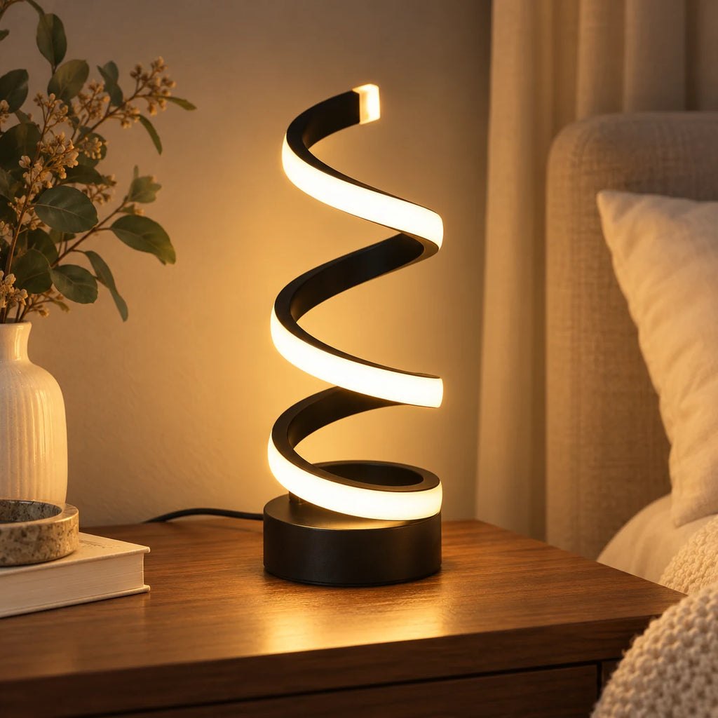 Lampe Spirale LED Noire, Lampe à Poser Design Moderne, 3 Teintes de Lumière, USB, Lampe de Bureau, Chevet et Salon
